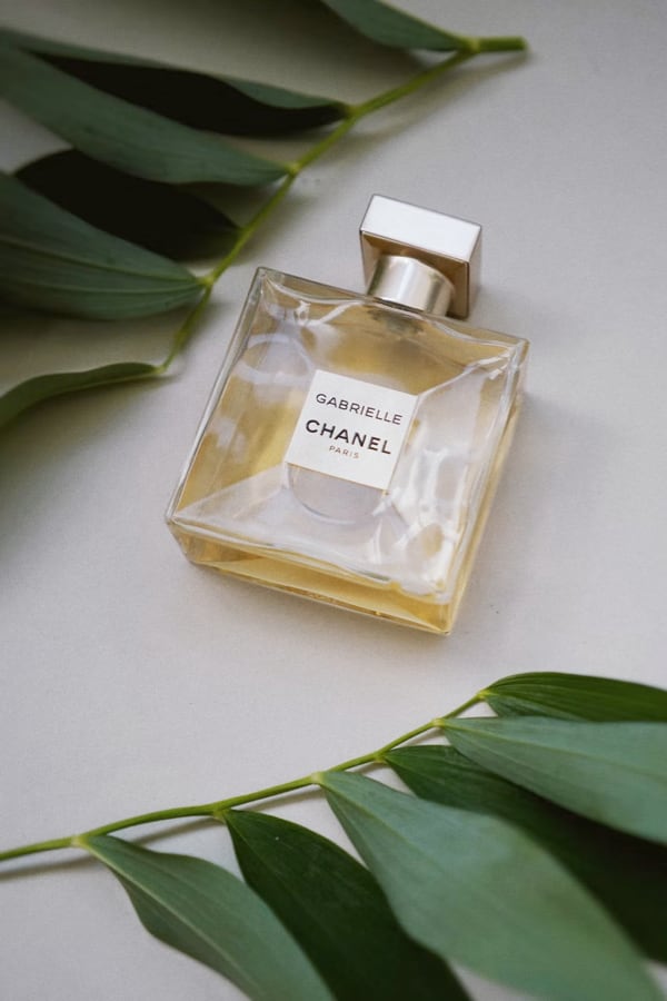 a bottle of perfume with foliage